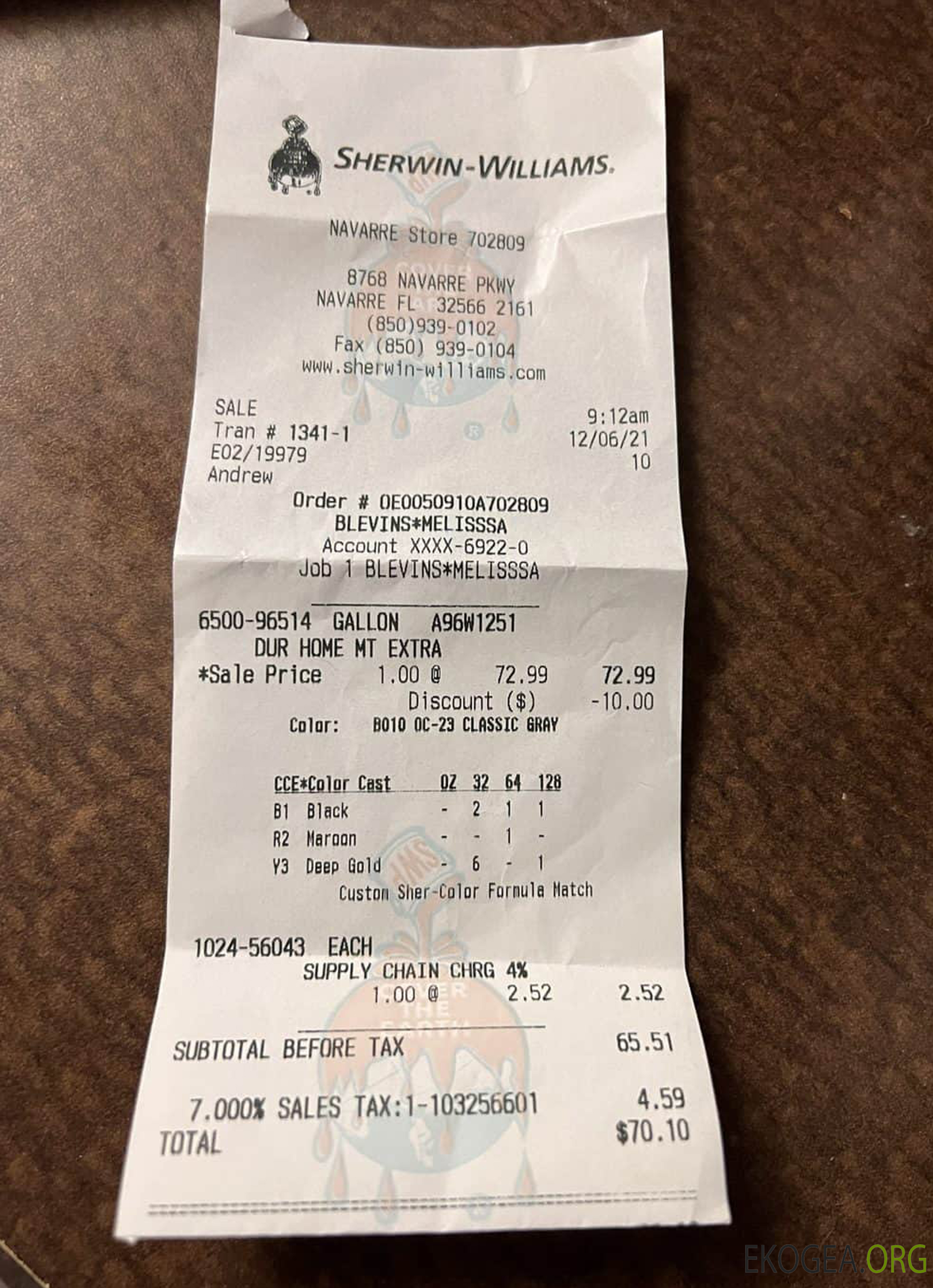 Reçu de paiement de la société Sherwin Williams